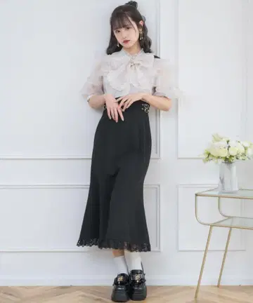 ROJITA 블랙 반팔 플레어 머메이드 롱 원피스