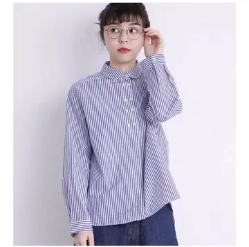 CHILD WOMAN 더블 버튼 스트라이프 둥근 카라 블라우스