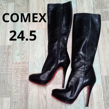 COMEX 코메 24.5 롱 부츠 블랙 가죽 레드 밑창