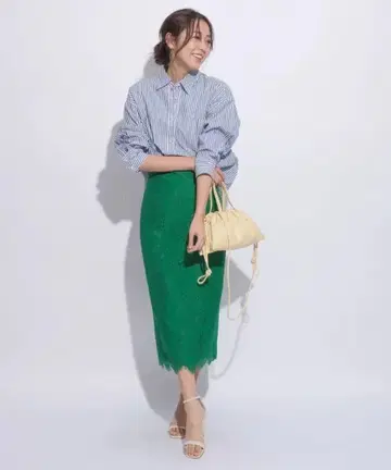 JUSGLITTY 그린 레이스 타이트 스커트