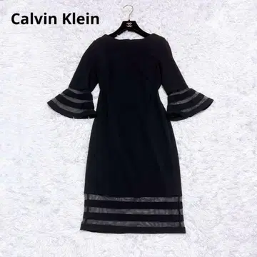 Calvin Klein 시어 보더 플레어 슬리브 원피스 드레스 블랙