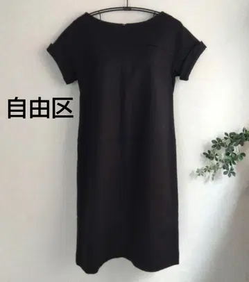 [ 자유구 ] 보트넥 반팔 무릎 기장 원피스 블랙 일본제