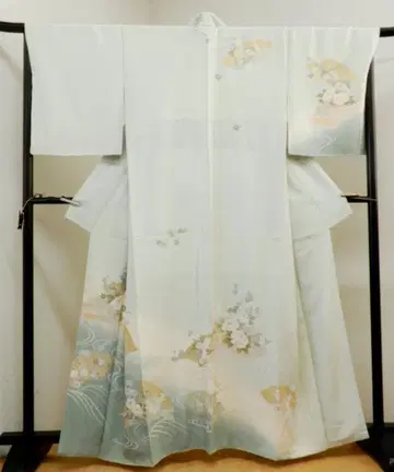 순수 실크 금채 교육용 실 부착 유젠 호몬기 기모노 옅은 색조 그린 계열