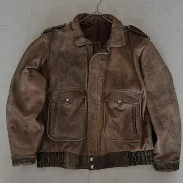 빈티지 가공 가죽 자켓 남성용 L 상당 브라운 천연 가죽 쇼트