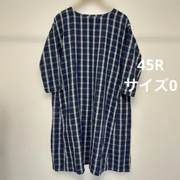 45R 사이즈 0 린넨 원피스 체크 인디고