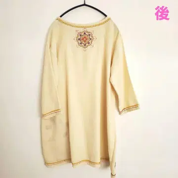 자수 튜닉 원피스 7부 소매 만다라 에스닉 코튼 핸드메이드