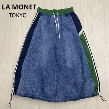 LA MONET 데님 이소재 절개 도킹 벌룬 스커트