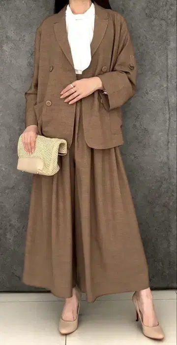 브라운 더블 브레스트 자켓 와이드 팬츠 셋업
