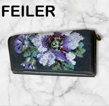 새상품급 FEILER 페이러 꽃무늬 장지갑 자수 블랙 가죽 셔닐 직조