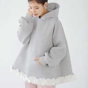 Fit more 밑단 프릴 텐트 라인 후디 그레이