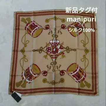 택 포함 새상품 manipuri 실크 100% 드럼 패턴 스카프 베이지