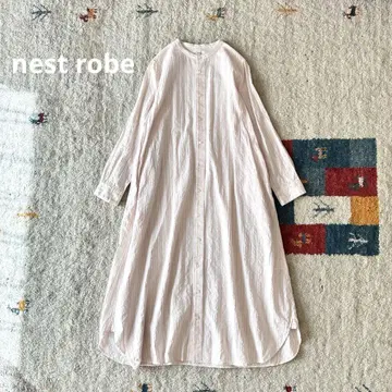 네스트로브 코튼 린넨 도비 스트라이프 롱 셔츠 원피스 핑크