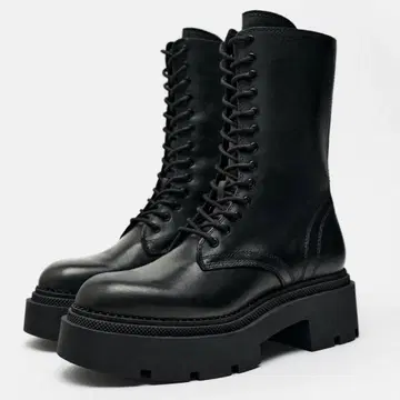 ZARA 자라*가죽 레이스업 숏부츠 37 24cm 블랙