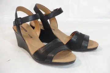 Clarks 웨지 샌들 25cm 블랙 가죽 x 카멜 스웨이드