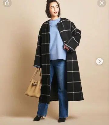 B&Y 유나이티드 애로우즈 체크 노카라 롱 코트