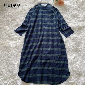무인양품 인도면 플란넬 쿠르타 롱 원피스 그린 L~XL