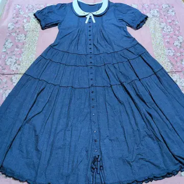 [ 컨디션 최상 ] 핑크하우스 고급스러운 미모사 자수 이중 옷깃 원피스