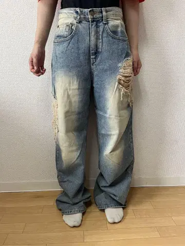 데미지 가공 와이드 데님 팬츠 라이트 블루