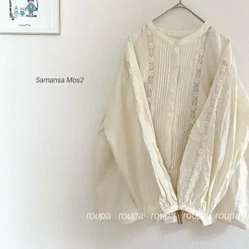 Samansa Mos2 밴드 카라 핀턱 레이스 절개 블라우스 2307