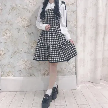 evelyn 에블린 숄더 리본 트위드 티어드 원피스 하운드투스 체크 패턴