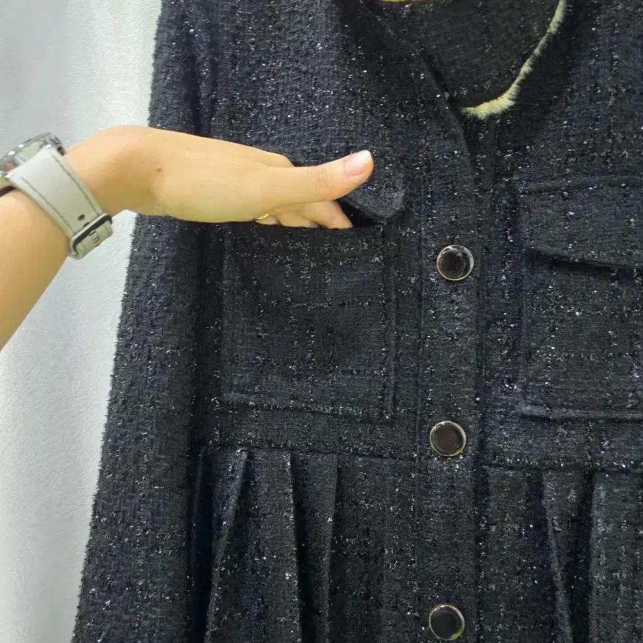 퍼 트리밍 트위드 블랙 자켓 코트