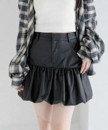 Heather 모듬 절개 벌룬 미니 스커트 인조 가죽 블랙 S