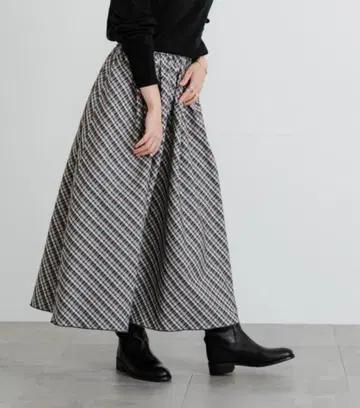 URBAN RESEARCH 체크 볼륨 스커트 플레어 스커트 롱