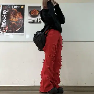 플레어 팬츠 구제 의류 PUNK 빨간색 데미지