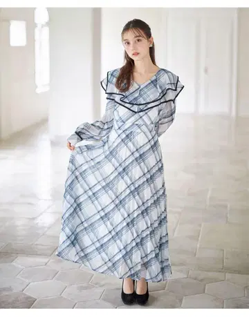새상품 토코 클로젯 허리 리본 포함 빅 칼라 체크 플리츠 원피스