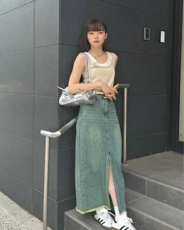 Sendoo 데님 타이트 스커트 앞 슬릿