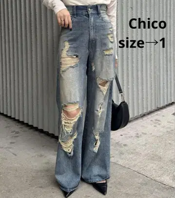 Chico 데미지 가공 청바지 블루 와일드 레그