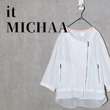 it MICHAA 쉬폰풍 지퍼 자켓 7부 소매 한국 화이트 x 핑크