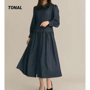 새상품급 TONAL 셔츠 원피스 플레어 38 M 인디고 최근 모델