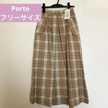 새상품 Porte 베이지 체크 플레어 롱 스커트 여성용 가을 옷