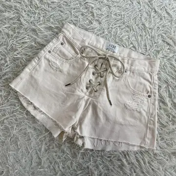 GYDA 데미지 숏 데님 팬츠 화이트 데님 레이스업