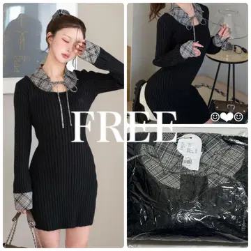 Darich 레이어드라이크 니트 미니 원피스 블랙 FREE
