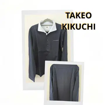 TAKEOKIKUCHI 네이비 긴팔 티셔츠 화이트 카라 포켓 부착 일본제