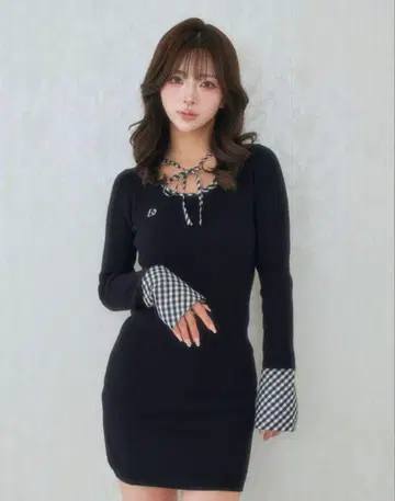 Darich 체크 리본 니트 미니 원피스 FL 사이즈