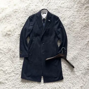 [ 새상품급 ] LARDINI 네이비 체크 울 체스터 코트 사이즈 50
