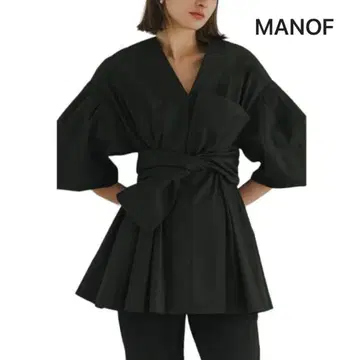 마노프 MANOF 2way V넥 볼륨 소매 블라우스 S 리본 벨트