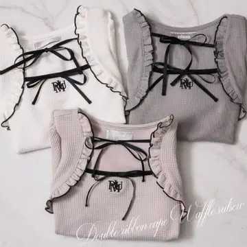 pium 더블 리본 케이프 와플 티셔츠 다크 그레이