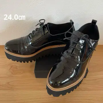 키다리 아저씨 매니시 슈즈 통굽 천연 가죽 블랙 에나멜 24