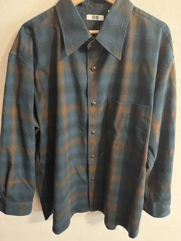UNIQLO U 긴팔 셔츠 XL 파랑과 브라운 체크
