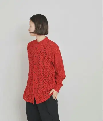 플라워 자카드 긴팔 셔츠 빨간색