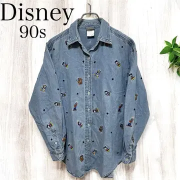 [ 레어템 ] 90s 빈티지 자수 올 패턴 데님 셔츠 미키 & 프렌즈