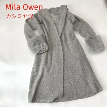 Mila Owen 니트 롱 코트 소매 퍼 부착 캐시미어 혼방 후드 부착