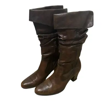 롱 부츠 가죽풍 힐 24cm 주름 가공 아몬드 토 브라운