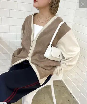 스웨이드 분또 바이컬러 지퍼 가디건 노카라 스웨이드풍 자켓