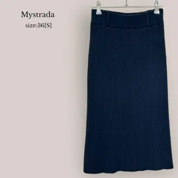 마이 스트라다 Mystrada 니트 리브 타이트 스커트 미디 네이비 밴딩