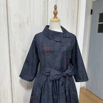 기모노 리메이크 오시마 명주(7말기) 롤 칼라 원피스(L)